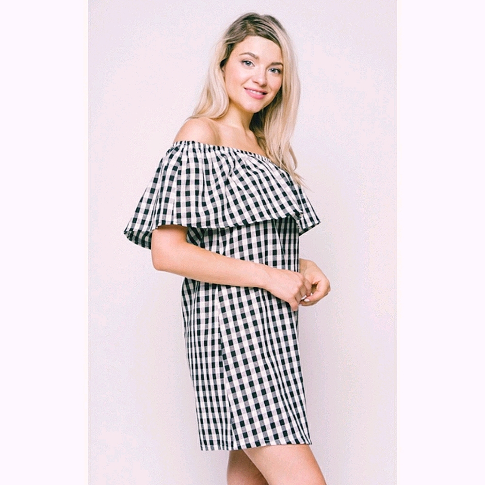 NEW A. OK Navy Gingham Checkered Off-Shoulder Dress Size S
